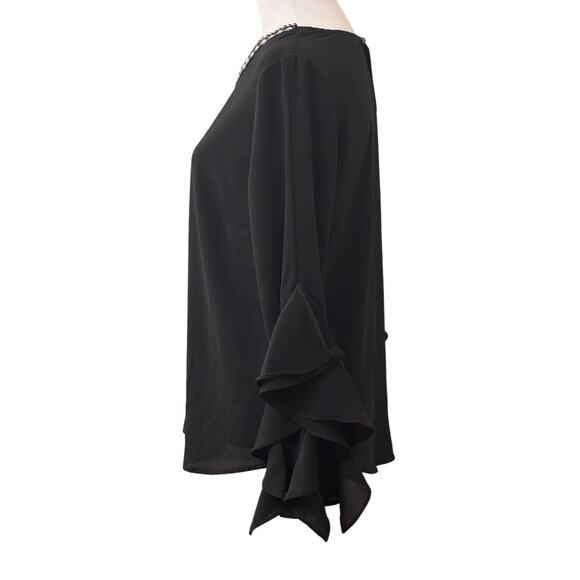 Meraki Black Long Sleeve Flutter Blouse Top Rhinestone Neckline Size M - Picture 3 of 10